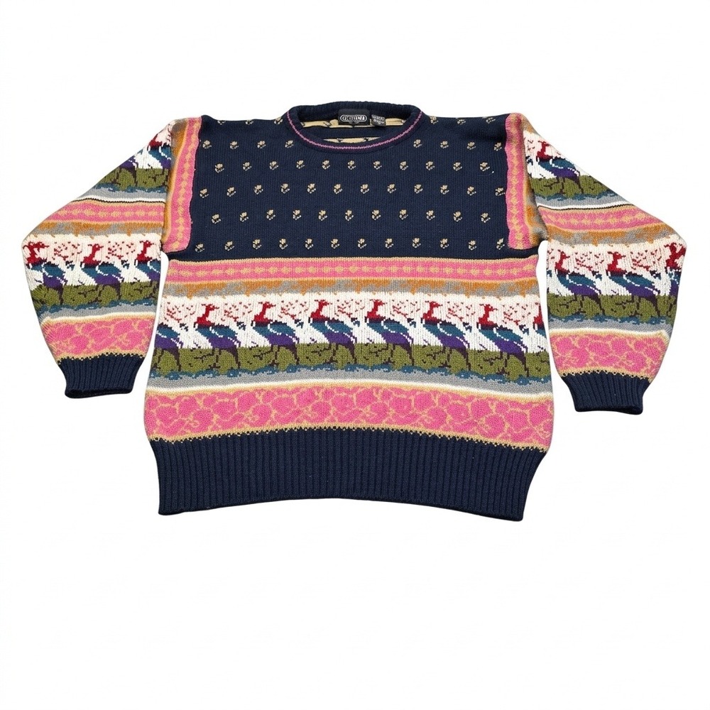 Vtg 80s Gotham Fair Isle Bird Sweater‎ Large Multi-Color Acrylic Knit Crewneck